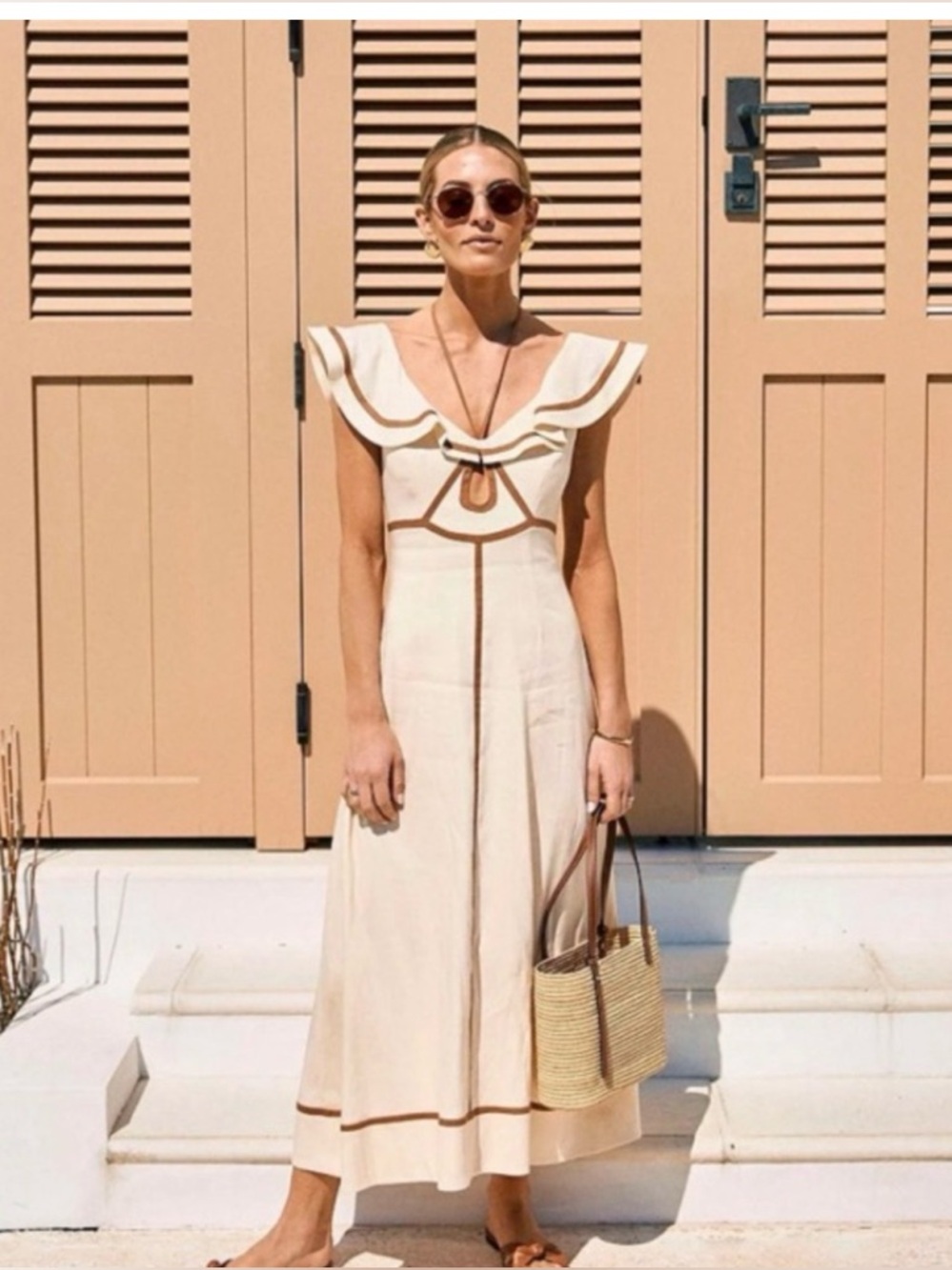 Antoni Melani Cream Maxi Dress with Brown Trim Sz 4
